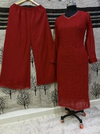 SF5  5806 HAVY FOX GERGETT KURTI PANT SET  CHAIN WORKBEAUTIFULL LEACE  - Red, M-38