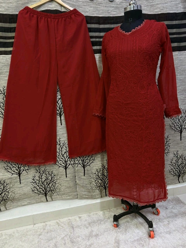 SF5  5806 HAVY FOX GERGETT KURTI PANT SET  CHAIN WORKBEAUTIFULL LEACE  - Red, M-38