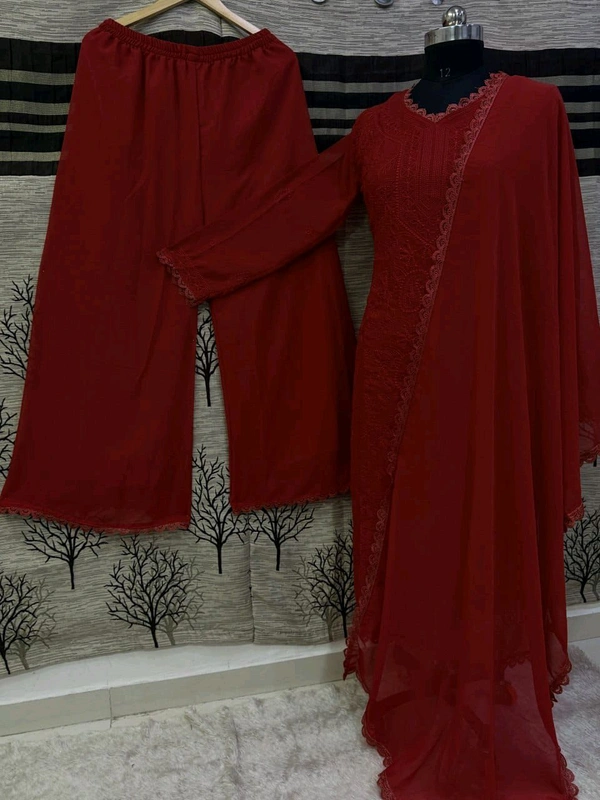 SF5  5806 HAVY FOX GERGETT KURTI PANT SET  CHAIN WORKBEAUTIFULL LEACE  - Red, XL-42