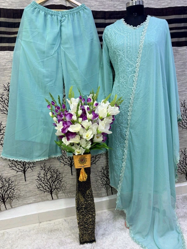 SF5  5806 HAVY FOX GERGETT KURTI PANT SET  CHAIN WORKBEAUTIFULL LEACE  - blue, M-38