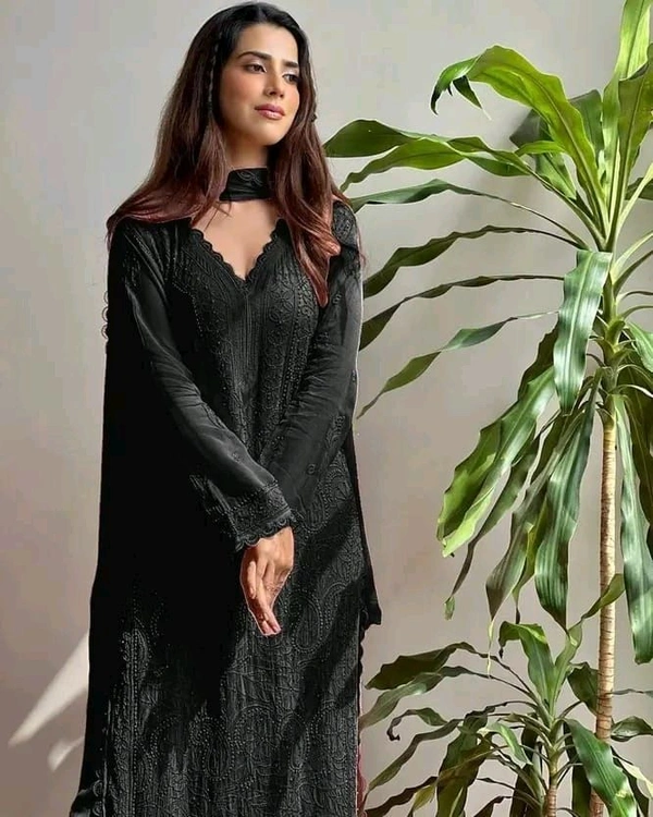 SF5  5806 HAVY FOX GERGETT KURTI PANT SET  CHAIN WORKBEAUTIFULL LEACE  - Black, S-36