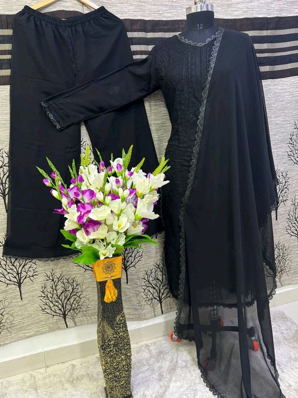 SF5  5806 HAVY FOX GERGETT KURTI PANT SET  CHAIN WORKBEAUTIFULL LEACE  - Black, S-36