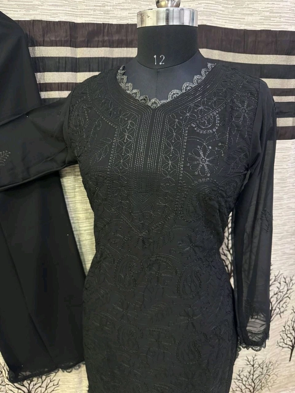 SF5  5806 HAVY FOX GERGETT KURTI PANT SET  CHAIN WORKBEAUTIFULL LEACE  - Black, S-36