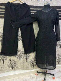 SF5  5806 HAVY FOX GERGETT KURTI PANT SET  CHAIN WORKBEAUTIFULL LEACE  - Black, S-36