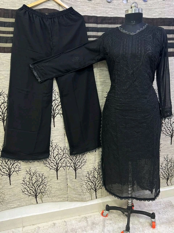 SF5  5806 HAVY FOX GERGETT KURTI PANT SET  CHAIN WORKBEAUTIFULL LEACE  - Black, S-36