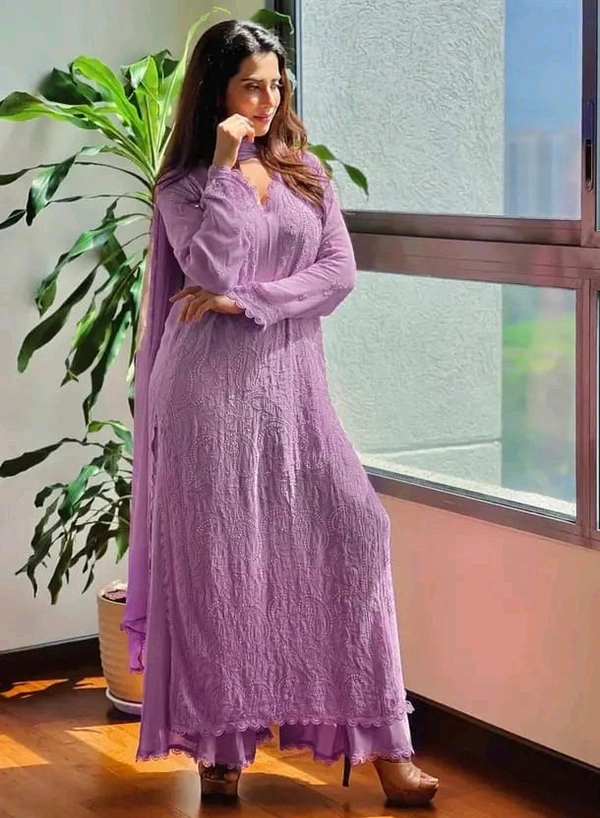 SF5  5806 HAVY FOX GERGETT KURTI PANT SET  CHAIN WORKBEAUTIFULL LEACE  - light purple, 2XL-44
