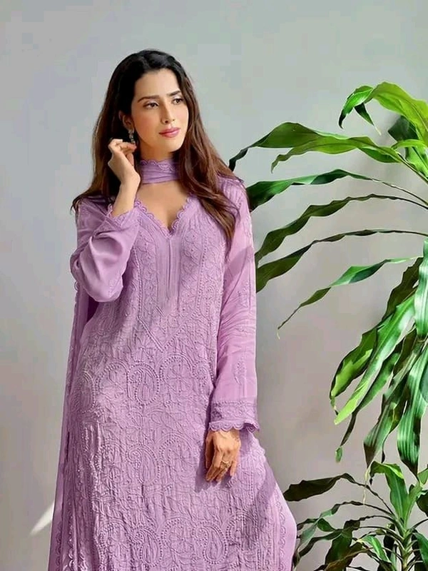 SF5  5806 HAVY FOX GERGETT KURTI PANT SET  CHAIN WORKBEAUTIFULL LEACE  - light purple, 2XL-44