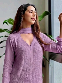 SF5  5806 HAVY FOX GERGETT KURTI PANT SET  CHAIN WORKBEAUTIFULL LEACE  - light purple, 2XL-44
