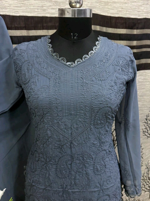 SF5  5806 HAVY FOX GERGETT KURTI PANT SET  CHAIN WORKBEAUTIFULL LEACE  - Gray, 2XL-44