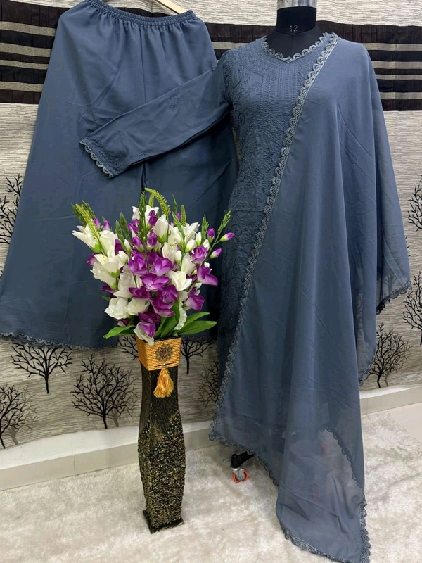 SF5  5806 HAVY FOX GERGETT KURTI PANT SET  CHAIN WORKBEAUTIFULL LEACE  - Gray, 2XL-44