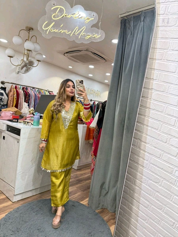 DSS 5807 One More Super Hit Launch – Gold Crushed Co-Ord Set With Real Mirror Work  - Yellow, M-38