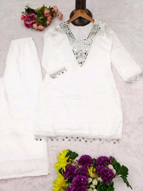 DSS 5807 One More Super Hit Launch – Gold Crushed Co-Ord Set With Real Mirror Work  - White, M-38