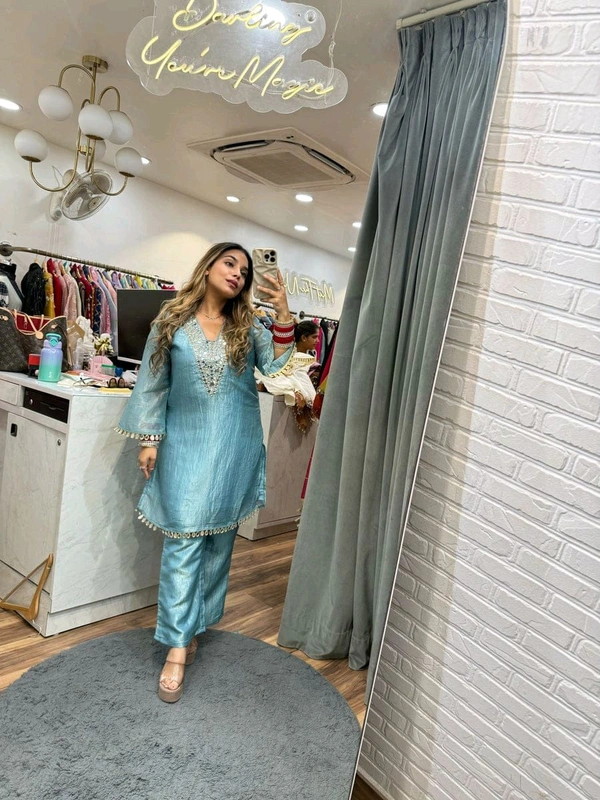 DSS 5807 One More Super Hit Launch – Gold Crushed Co-Ord Set With Real Mirror Work  - Blue, M-38