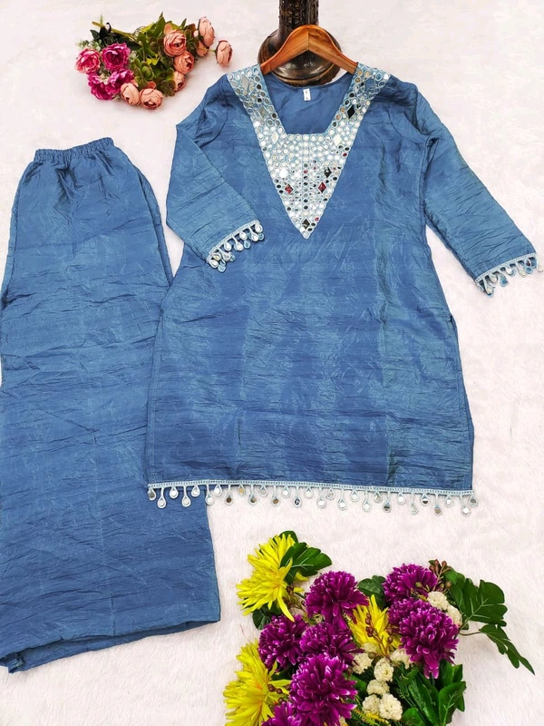 DSS 5807 One More Super Hit Launch – Gold Crushed Co-Ord Set With Real Mirror Work  - Blue, M-38