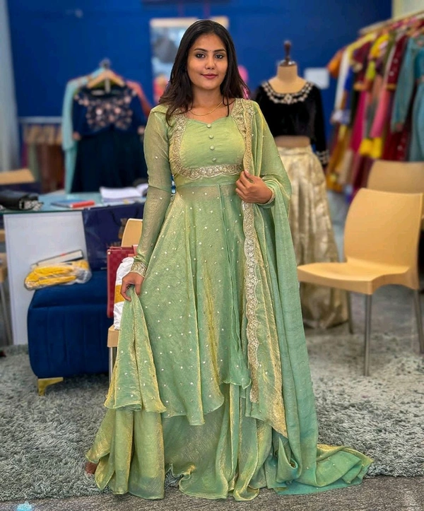 DSS 5808 very Beautiful  Vichitra Silk Embroidery Finely Crafted Thread Art Work Dress  - pista Green, 2XL-44