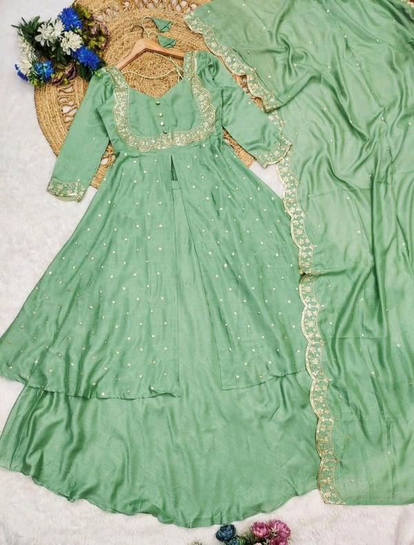 DSS 5808 very Beautiful  Vichitra Silk Embroidery Finely Crafted Thread Art Work Dress  - pista Green, 2XL-44