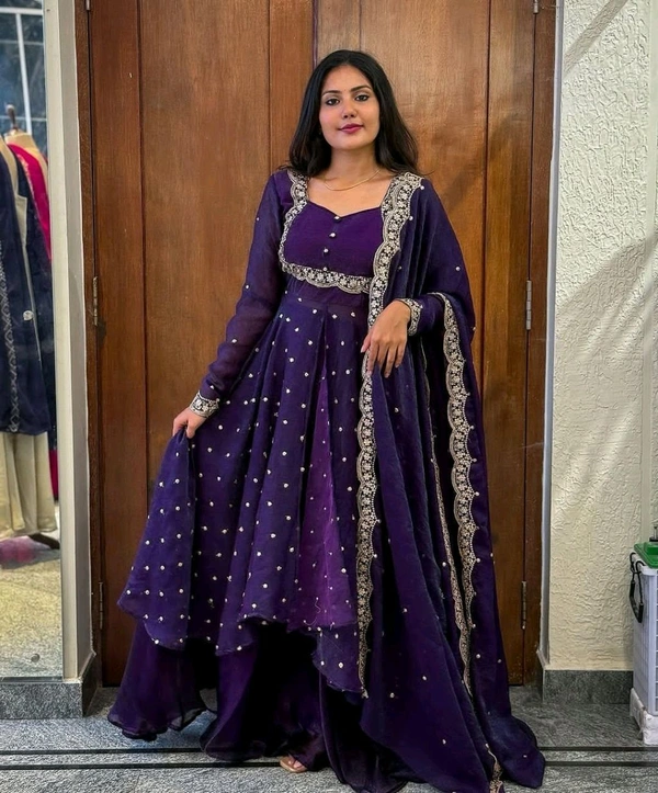DSS 5808 very Beautiful  Vichitra Silk Embroidery Finely Crafted Thread Art Work Dress  - blue, L-40