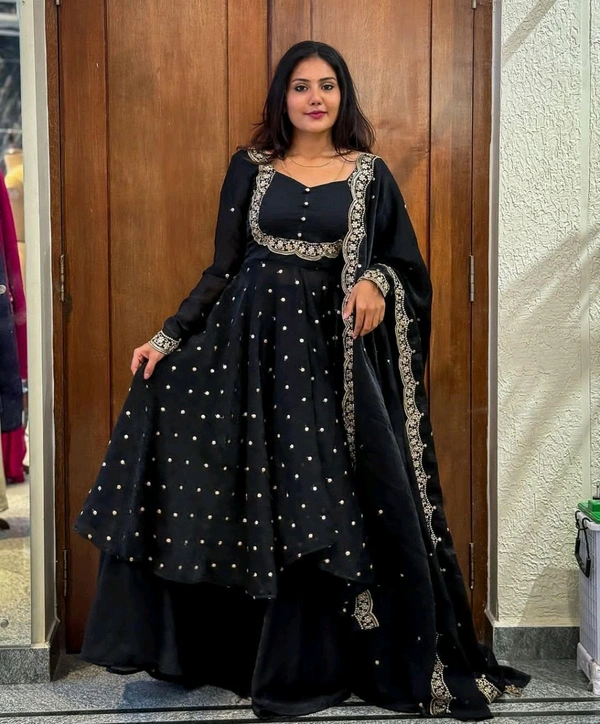 DSS 5808 very Beautiful  Vichitra Silk Embroidery Finely Crafted Thread Art Work Dress  - Black, L-40