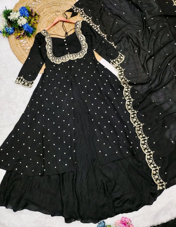 DSS 5808 very Beautiful  Vichitra Silk Embroidery Finely Crafted Thread Art Work Dress  - Black, 2XL-44