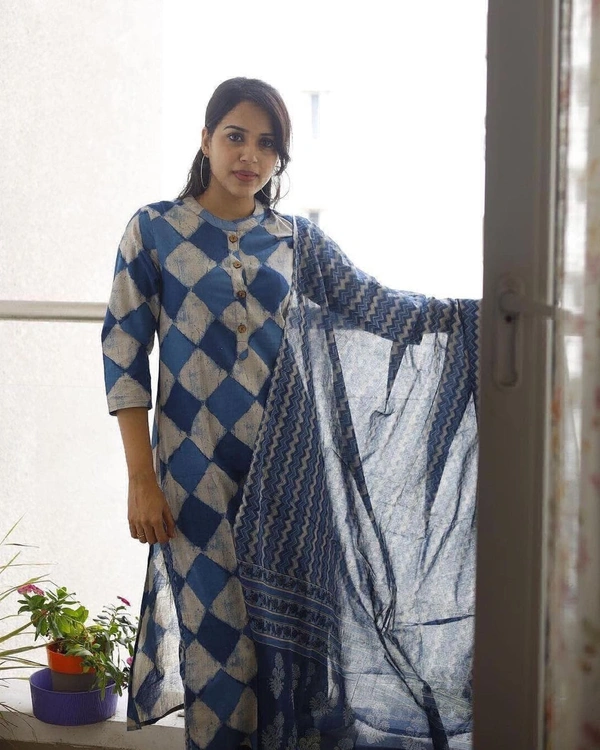 KDJ 3537 Cotton Kurta & Pant With Malmal Printed Duppata - XL-42