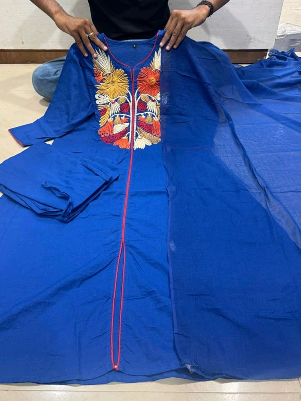 SF5  5809 New & beautiful Pure Cotton Ste Printed Floral Heavy Embroidery With Hand Work With Dupatta  - Blue, 2XL-44