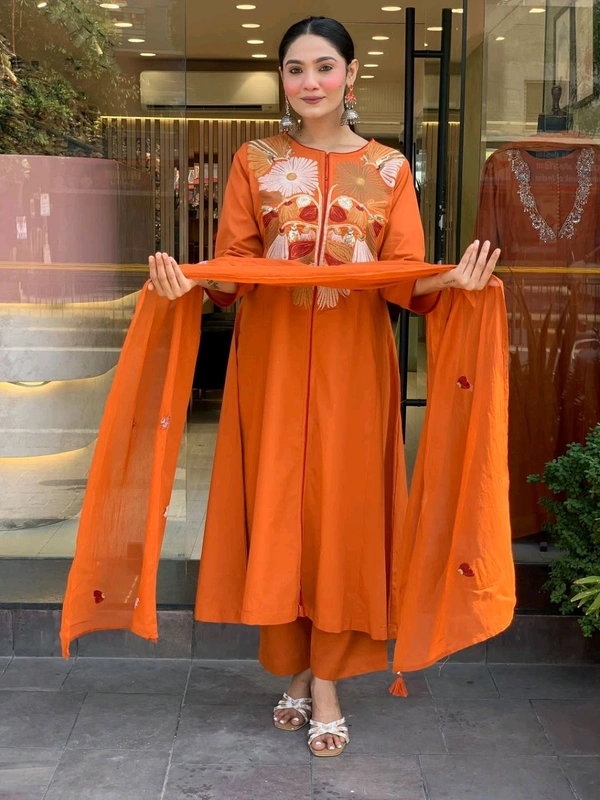 SF5  5809 New & beautiful Pure Cotton Ste Printed Floral Heavy Embroidery With Hand Work With Dupatta  - Orange, 3XL-46