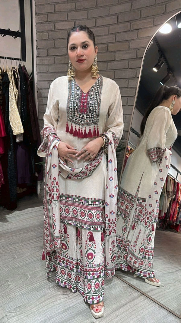 DSS 5812 New Design Launch Premium Chinnon Silk Kurti Pant Dupatta  With Mirror Work  - 2XL-44