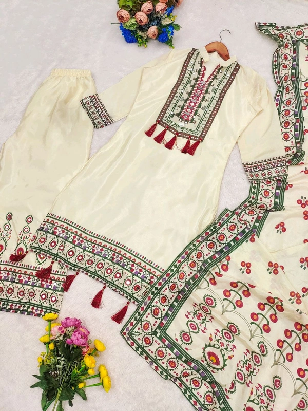 DSS 5812 New Design Launch Premium Chinnon Silk Kurti Pant Dupatta  With Mirror Work  - 2XL-44