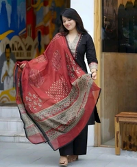 SF5  5814 Beautiful  A-line  kurti with hand mirror work.
Cotton straight plazo set  With Dupatta  - Black, 2XL-44