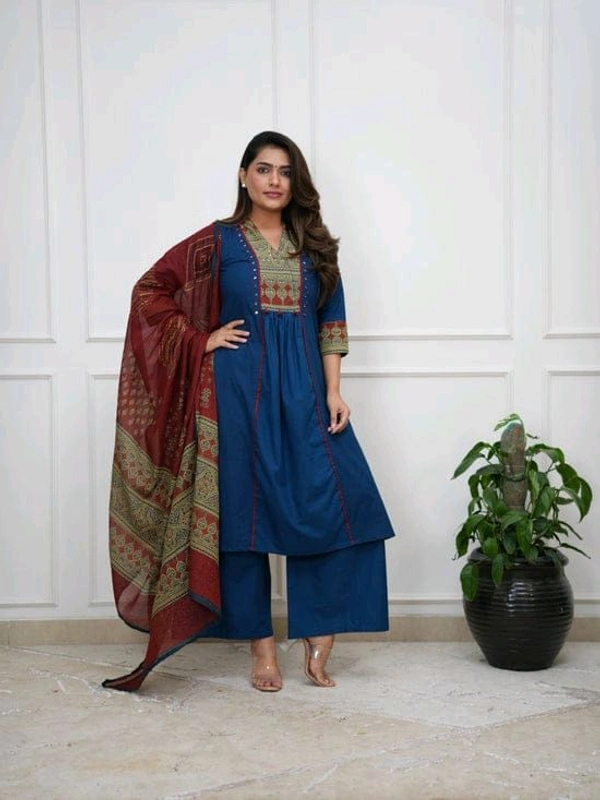 SF5  5814 Beautiful  A-line  kurti with hand mirror work.
Cotton straight plazo set  With Dupatta  - Blue, M-38