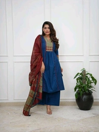 SF5  5814 Beautiful  A-line  kurti with hand mirror work.
Cotton straight plazo set  With Dupatta  - Blue, M-38
