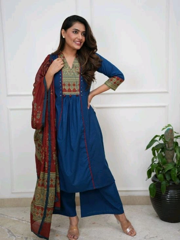 SF5  5814 Beautiful  A-line  kurti with hand mirror work.
Cotton straight plazo set  With Dupatta  - Blue, L-40