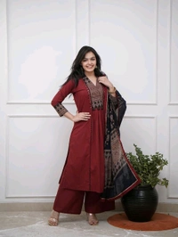 SF5  5814 Beautiful  A-line  kurti with hand mirror work.
Cotton straight plazo set  With Dupatta  - Maroon, L-40