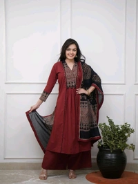 SF5  5814 Beautiful  A-line  kurti with hand mirror work.
Cotton straight plazo set  With Dupatta  - Maroon, 2XL-44