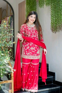 DSS 5815 Beautiful Faux Georgette With Multi Thread Embroidery Work Kurti Sharara With Dupatta  - Red, XL-42