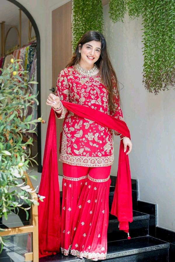 DSS 5815 Beautiful Faux Georgette With Multi Thread Embroidery Work Kurti Sharara With Dupatta  - Red, XL-42