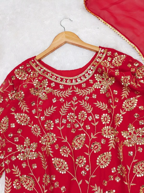 DSS 5815 Beautiful Faux Georgette With Multi Thread Embroidery Work Kurti Sharara With Dupatta  - Red, XL-42