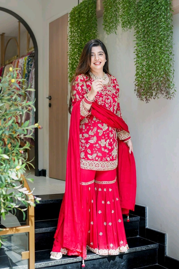 DSS 5815 Beautiful Faux Georgette With Multi Thread Embroidery Work Kurti Sharara With Dupatta  - Red, 2XL-44