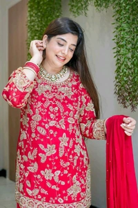 DSS 5815 Beautiful Faux Georgette With Multi Thread Embroidery Work Kurti Sharara With Dupatta  - Red, 2XL-44