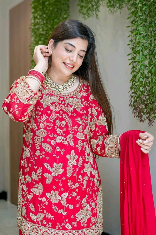 DSS 5815 Beautiful Faux Georgette With Multi Thread Embroidery Work Kurti Sharara With Dupatta  - Red, 2XL-44