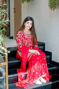 DSS 5815 Beautiful Faux Georgette With Multi Thread Embroidery Work Kurti Sharara With Dupatta  - Red, 2XL-44