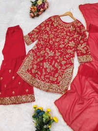 DSS 5815 Beautiful Faux Georgette With Multi Thread Embroidery Work Kurti Sharara With Dupatta  - Red, 2XL-44