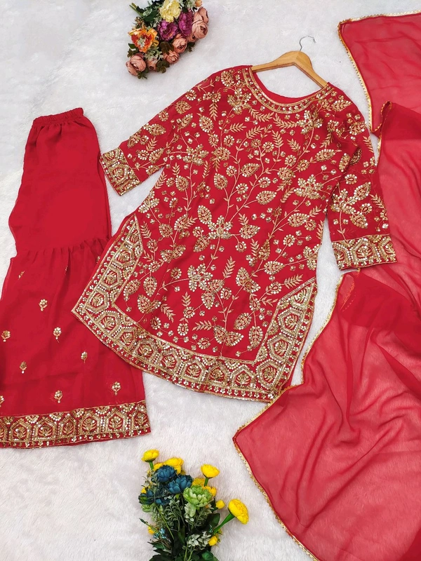 DSS 5815 Beautiful Faux Georgette With Multi Thread Embroidery Work Kurti Sharara With Dupatta  - Red, 2XL-44