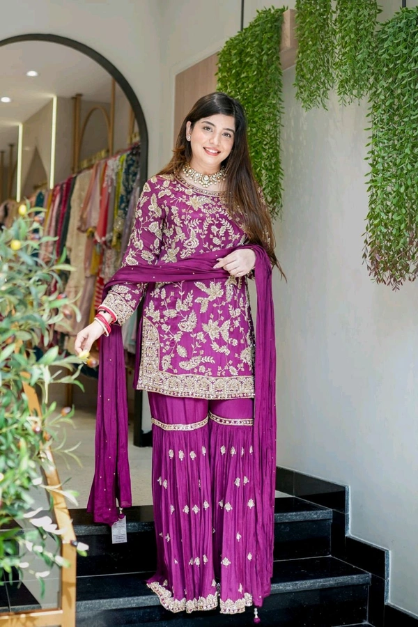 DSS 5815 Beautiful Faux Georgette With Multi Thread Embroidery Work Kurti Sharara With Dupatta  - Purple, XL-42