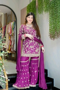 DSS 5815 Beautiful Faux Georgette With Multi Thread Embroidery Work Kurti Sharara With Dupatta  - Purple, XL-42