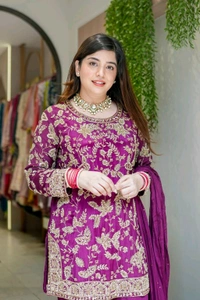 DSS 5815 Beautiful Faux Georgette With Multi Thread Embroidery Work Kurti Sharara With Dupatta  - Purple, XL-42
