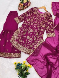 DSS 5815 Beautiful Faux Georgette With Multi Thread Embroidery Work Kurti Sharara With Dupatta  - Purple, 2XL-44