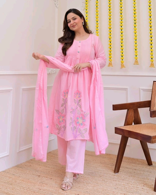 LCW 5820 *NEW PREMIUM PURE COTTON KURTI PANT AND AND DUPATTA WITH EMBRODIERY WORK  - Pink, 2XL-44