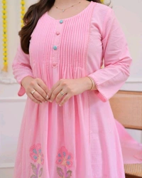 LCW 5820 *NEW PREMIUM PURE COTTON KURTI PANT AND AND DUPATTA WITH EMBRODIERY WORK  - Pink, 2XL-44