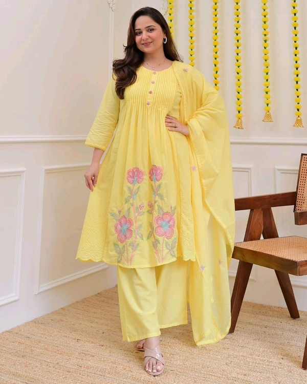 LCW 5820 *NEW PREMIUM PURE COTTON KURTI PANT AND AND DUPATTA WITH EMBRODIERY WORK  - Yellow, M-38